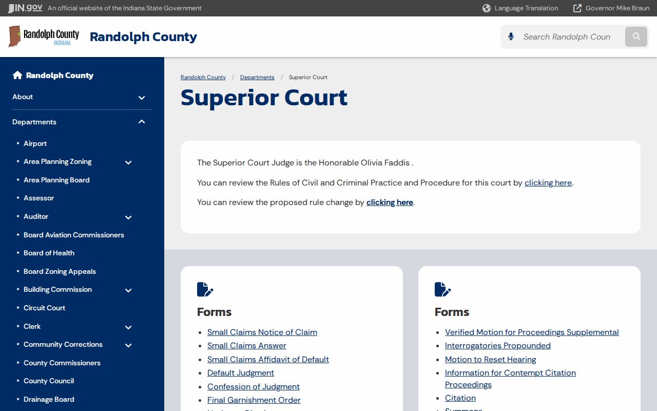 Randolph Superior Court official page for bench warrant case routing