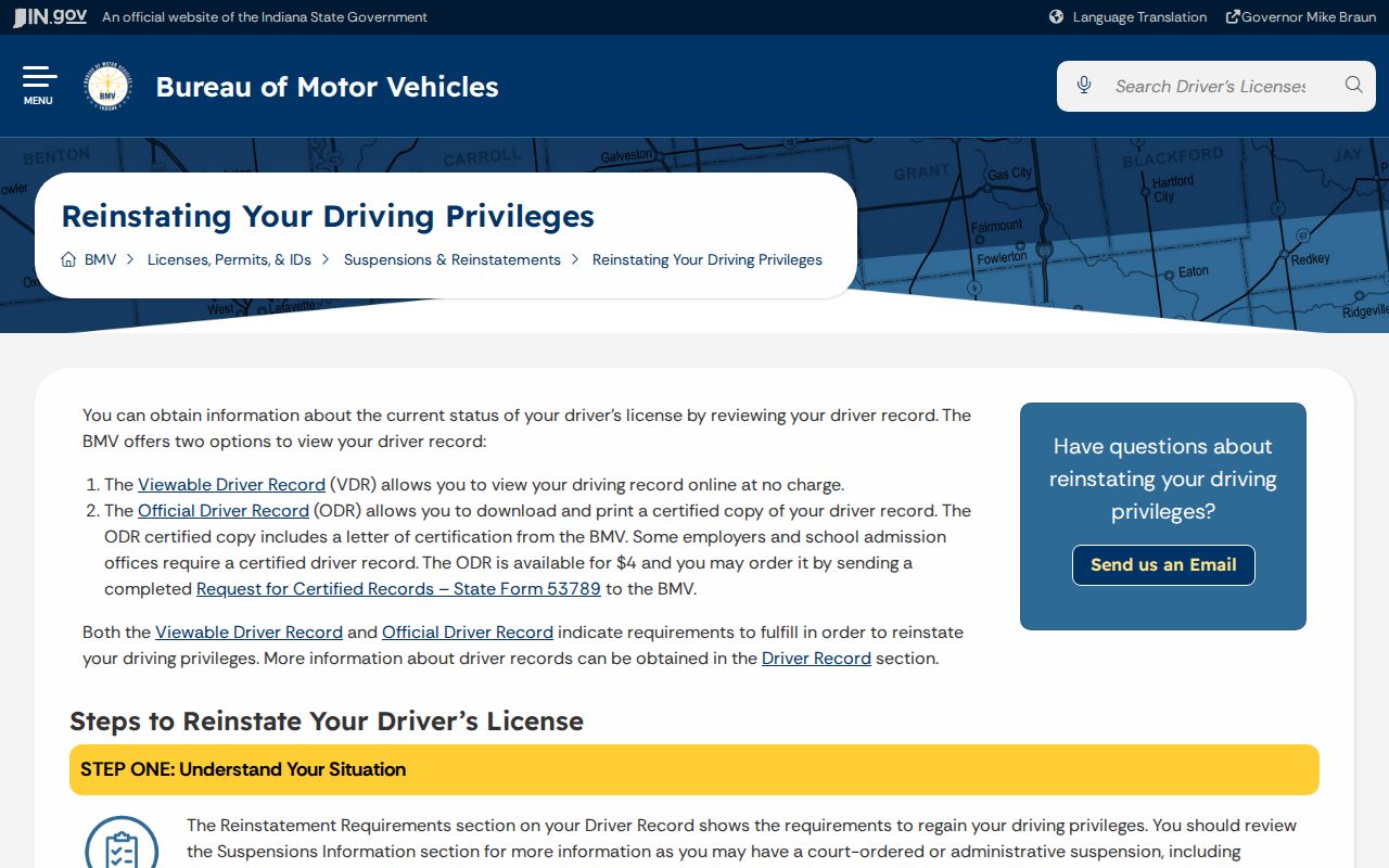 Indiana BMV reinstatement page showing the post-court resolution route