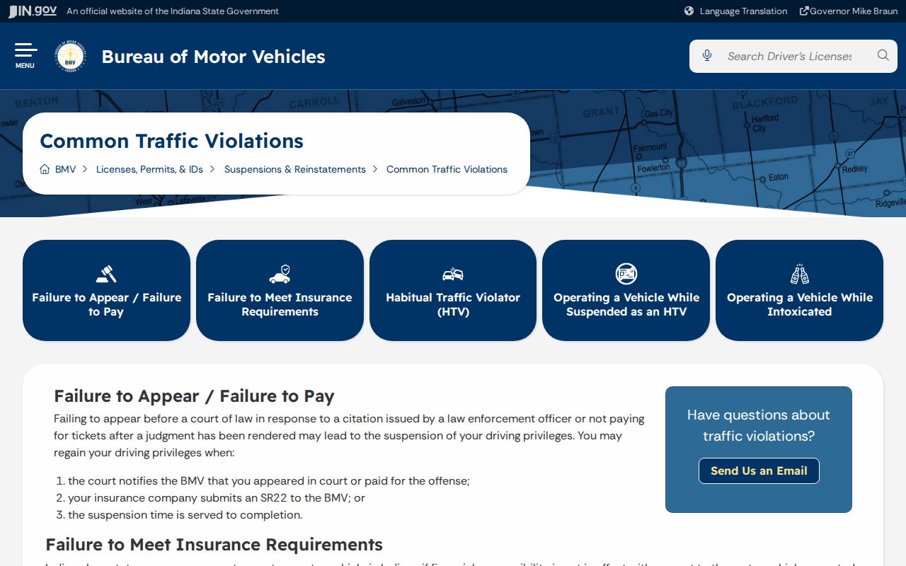 Indiana BMV official traffic failure-to-appear guidance