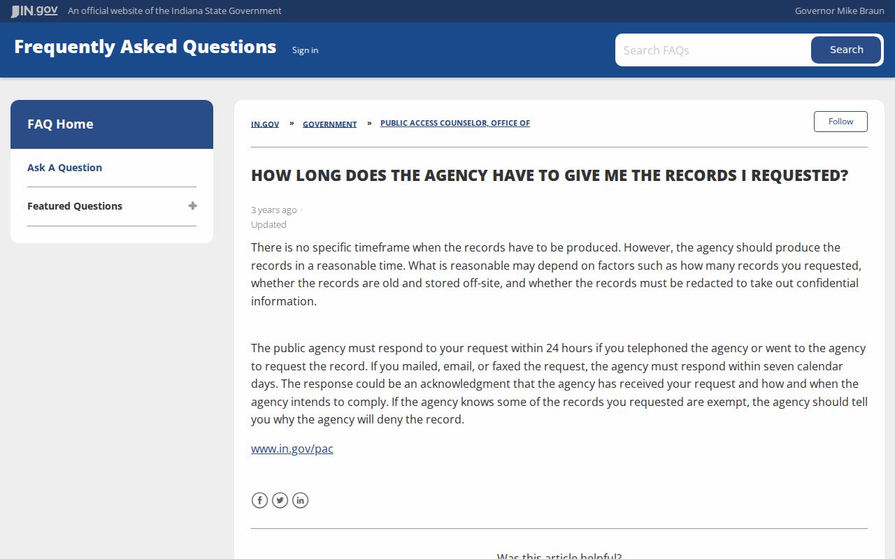 Indiana official public records response timing guidance