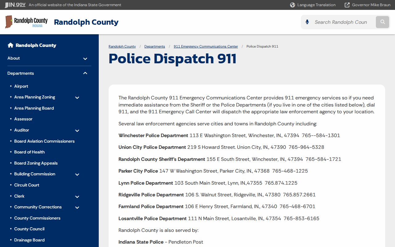 Official Randolph County dispatch directory listing Union City Police contact information
