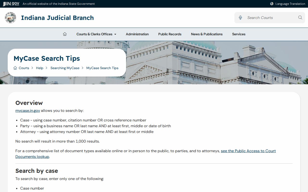 Indiana MyCase guidance for case, citation, party, and filtered searches related to Lynn records
